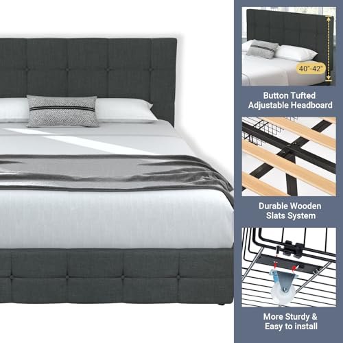 Allewie Upholstered Queen Size Platform Bed Frame with 4 Storage Drawers and Headboard. Square Stitched Button Tufted. Mattress Foundation with Wooden Slats Support. No Box Spring Needed. Dark Grey
