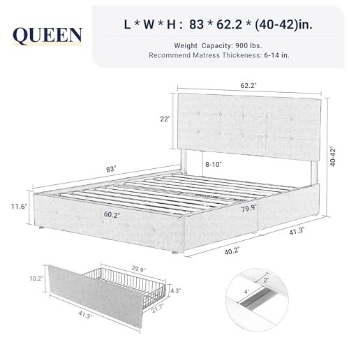 Allewie Upholstered Queen Size Platform Bed Frame with 4 Storage Drawers and Headboard. Square Stitched Button Tufted. Mattress Foundation with Wooden Slats Support. No Box Spring Needed. Dark Grey
