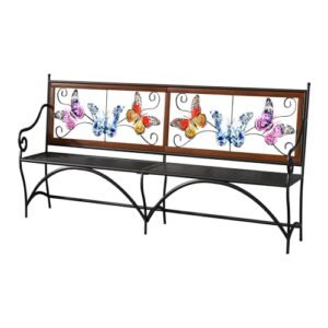 68.7 Outdoor Bench. Garden Bench. Patio Bench with Armrest. Slatted Seat and Butterfly Pattern Backrest for Outside. Cast Iron Metal Frame. Black