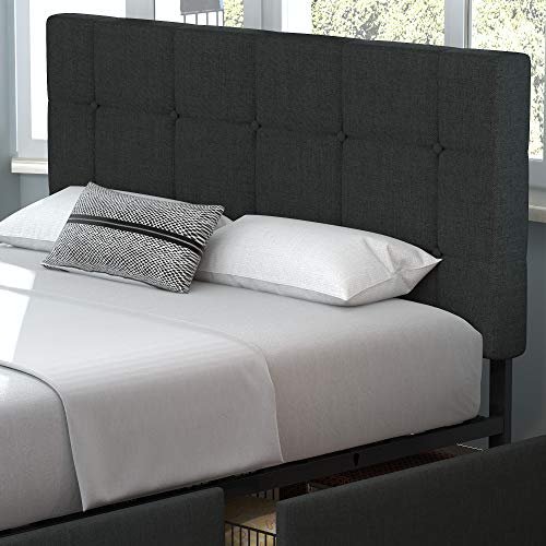 Allewie Upholstered Queen Size Platform Bed Frame with 4 Storage Drawers and Headboard. Square Stitched Button Tufted. Mattress Foundation with Wooden Slats Support. No Box Spring Needed. Dark Grey