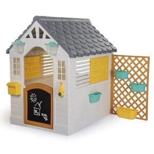 Dolu: Garden Playhouse with Fence - White-Grey-Yellow - Outdoor-Indoor Toy. Chalkboard Door. Durable Charming Design. Easy Assembly. Kids-Toddlers 2+