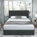 Allewie Upholstered Queen Size Platform Bed Frame with 4 Storage Drawers and Headboard. Square Stitched Button Tufted. Mattress Foundation with Wooden Slats Support. No Box Spring Needed. Dark Grey