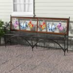 68.7 Outdoor Bench. Garden Bench. Patio Bench with Armrest. Slatted Seat and Butterfly Pattern Backrest for Outside. Cast Iron Metal Frame. Black