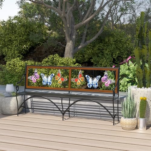 68.7 Outdoor Bench. Garden Bench. Patio Bench with Armrest. Slatted Seat and Butterfly Pattern Backrest for Outside. Cast Iron Metal Frame. Black