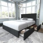 Allewie Upholstered Queen Size Platform Bed Frame with 4 Storage Drawers and Headboard. Square Stitched Button Tufted. Mattress Foundation with Wooden Slats Support. No Box Spring Needed. Dark Grey