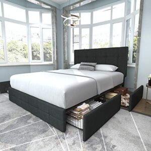 Allewie Upholstered Queen Size Platform Bed Frame with 4 Storage Drawers and Headboard. Square Stitched Button Tufted. Mattress Foundation with Wooden Slats Support. No Box Spring Needed. Dark Grey