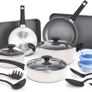 bella Nonstick Cookware Set with Glass Lids - Aluminum Bakeware. Pots and Pans. Storage Bowls & Utensils. Compatible with All Stovetops. 21 Piece. White