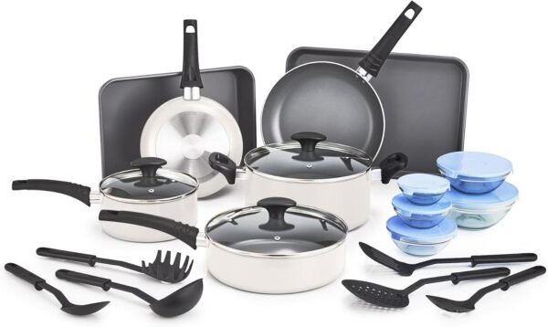 bella Nonstick Cookware Set with Glass Lids - Aluminum Bakeware. Pots and Pans. Storage Bowls & Utensils. Compatible with All Stovetops. 21 Piece. White