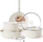 CAROTE 11pcs Pots and Pans Set. Nonstick Cookware Detachable/Removable Handle. Induction RV Kitchen Set. Oven Safe. Cream White