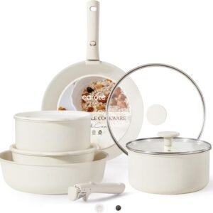 CAROTE 11pcs Pots and Pans Set. Nonstick Cookware Detachable/Removable Handle. Induction RV Kitchen Set. Oven Safe. Cream White