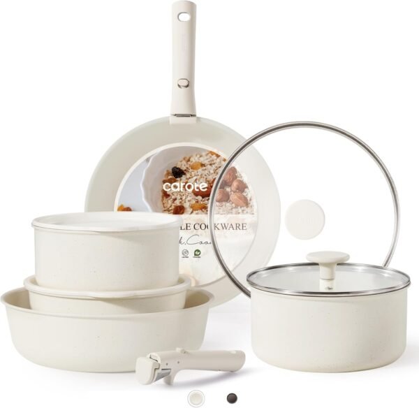 CAROTE 11pcs Pots and Pans Set. Nonstick Cookware Detachable/Removable Handle. Induction RV Kitchen Set. Oven Safe. Cream White