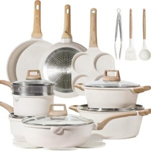 CAROTE 21Pcs Pots and Pans Set. Nonstick Cookware Sets. White Granite Induction Cookware Non Stick Cooking Set w/Frying Pans & Saucepans(PFOS. PFOA Free)