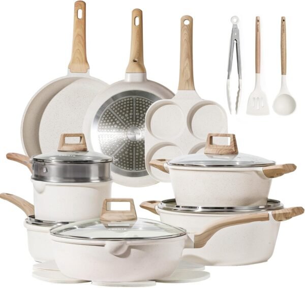 CAROTE 21Pcs Pots and Pans Set. Nonstick Cookware Sets. White Granite Induction Cookware Non Stick Cooking Set w/Frying Pans & Saucepans(PFOS. PFOA Free)