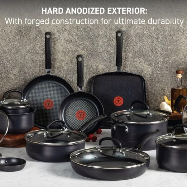 T-fal Ultimate Hard Anodized Nonstick Cookware Set 17 Piece. Dishwasher Safe. Suitable for all stove tops; excluding induction. Black