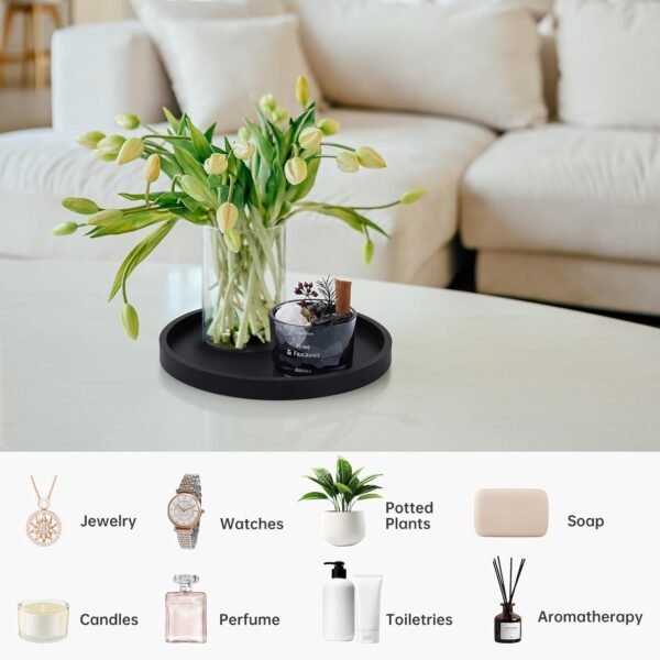 NiHome Thickened Silicone Vanity Organizer Tray for Bathroom Accessories. Kitchen Countertop. Living Room Decor. Multipurpose Shatter-Resistant Round Tray Decor for Candle Perfume Soap Plant (Black)