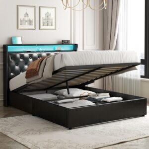 Loomie Queen Lift Up Bed Frame with Charging Station&LED Lights.Leather Upholstered Bed with Button Tufted Wingback Storage Headboard.Hydraulic Storage. No Box Spring Needed.Wood Slats Support (Black)
