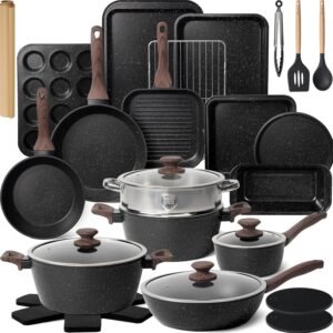 Kikcoin 31 Pcs Kitchen Cookware Set. Non Stick Pots and Pans Set Bakeware Set Nonstick Cooking Set with Baking Pans. Frying Pans. Saucepan. Grill Pan. Utensils
