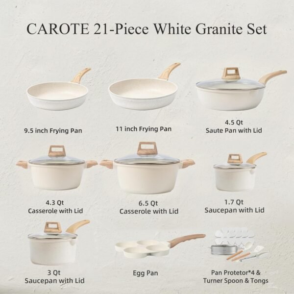 CAROTE 21Pcs Pots and Pans Set. Nonstick Cookware Sets. White Granite Induction Cookware Non Stick Cooking Set w/Frying Pans & Saucepans(PFOS. PFOA Free)