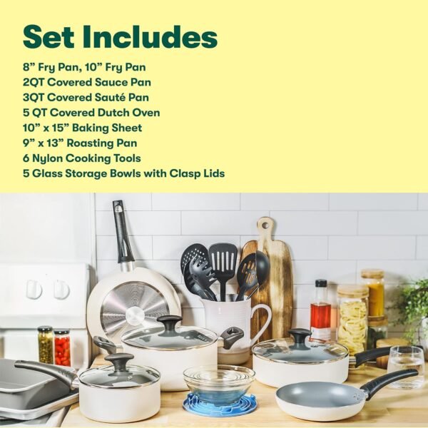 bella Nonstick Cookware Set with Glass Lids - Aluminum Bakeware. Pots and Pans. Storage Bowls & Utensils. Compatible with All Stovetops. 21 Piece. White
