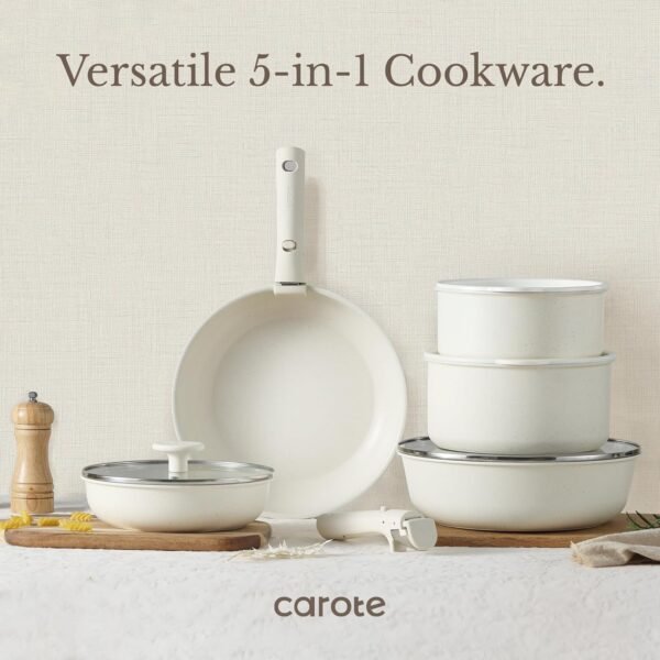 CAROTE 11pcs Pots and Pans Set. Nonstick Cookware Detachable/Removable Handle. Induction RV Kitchen Set. Oven Safe. Cream White