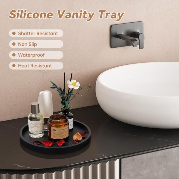 NiHome Thickened Silicone Vanity Organizer Tray for Bathroom Accessories. Kitchen Countertop. Living Room Decor. Multipurpose Shatter-Resistant Round Tray Decor for Candle Perfume Soap Plant (Black)
