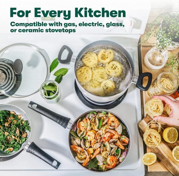 bella Nonstick Cookware Set with Glass Lids - Aluminum Bakeware. Pots and Pans. Storage Bowls & Utensils. Compatible with All Stovetops. 21 Piece. White
